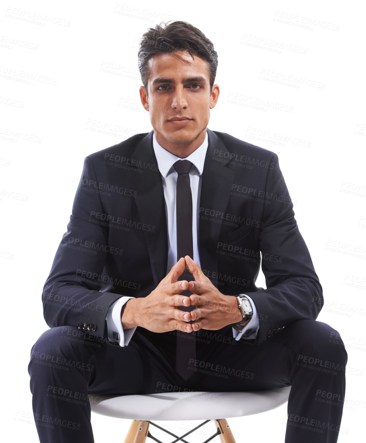 Buy stock photo Businessman, portrait and chair in studio for planning, confidence and thinking on ideas for company. Male professional, face and contemplating future by white background, worker and lawyer in India