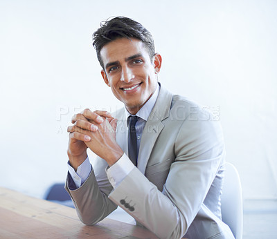 Buy stock photo Businessman, portrait and planning in office for company, contemplating and confidence in ideas. Male professional, lawyer and face in workplace, positive and vision for career and future growth