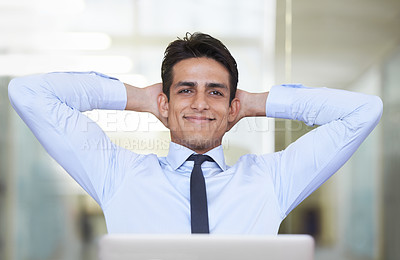 Buy stock photo Businessman, happy and thinking in office by laptop, smiling and contemplating proposal or review. Male professional, technology and internet connection for online research, confidence and pride