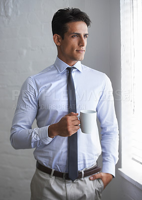 Buy stock photo Business man, thinking with coffee and ideas for project, inspiration or future with young entrepreneur at office. Corporate decision, career choice and professional in workplace with warm beverage