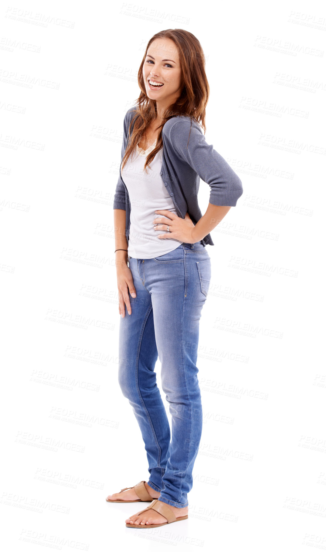 Buy stock photo Portrait, woman and smile in studio for fashion, confidence and good mood isolated on white background. Happy young model from New Zealand with cheerful personality, pride and casual style in jeans