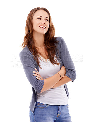 Buy stock photo A young woman with crossed arms on a white background