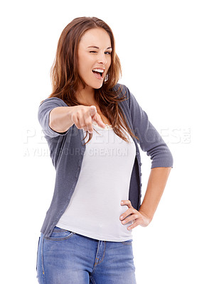 Buy stock photo Woman, portrait pointing to you in studio with wink for choice, decision and vote for winner on white background. Happy model, blink and finger emoji for recruitment, hiring and attention for support