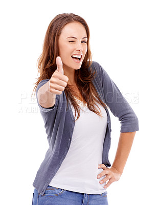 Buy stock photo Thumbs up, portrait and woman wink in studio for winning achievement, celebrate deal and vote on white background. Happy model, emoji sign and yes for feedback, promotion and thank you for excellence