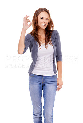 Buy stock photo Ok, sign and portrait of woman in studio for vote, yes feedback and certified news on white background. Happy model with hand emoji for support, agreement and icon of success, review and excellence 