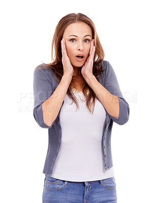 Buy stock photo Woman in portrait, surprise face for announcement and shock with expression, emoji and alarm on white background. Wow, secret or revelation with news, reaction to drama or information in studio