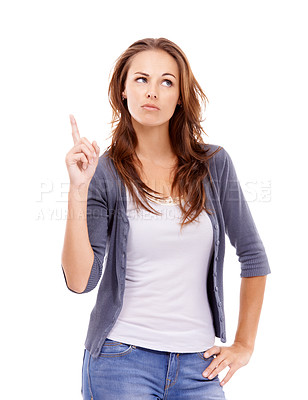 Buy stock photo Pointing, confused and young woman in a studio with mockup for marketing, promotion or advertising. Guess, mock up and female person from Canada with show hand gesture isolated by white background.