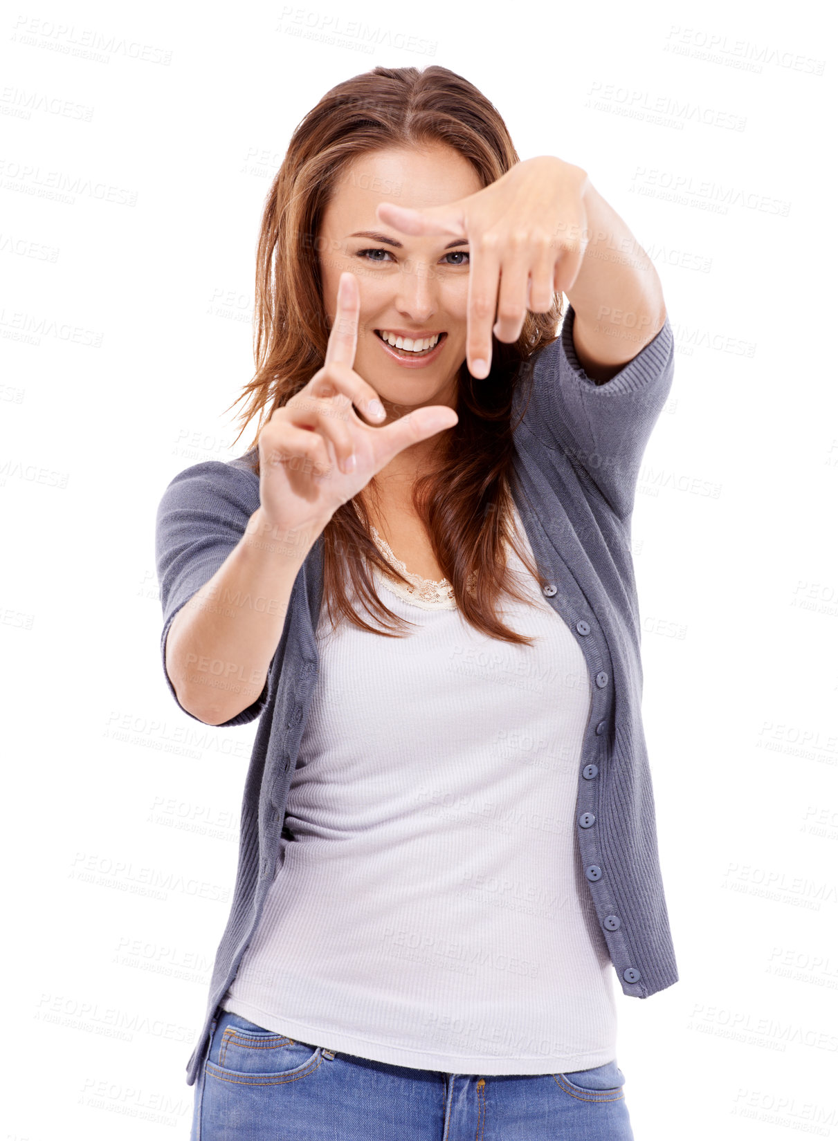 Buy stock photo Portrait, woman and finger frame in studio to review profile picture, creativity and composition on white background. Happy model planning perspective with hands for photography of perfect selfie