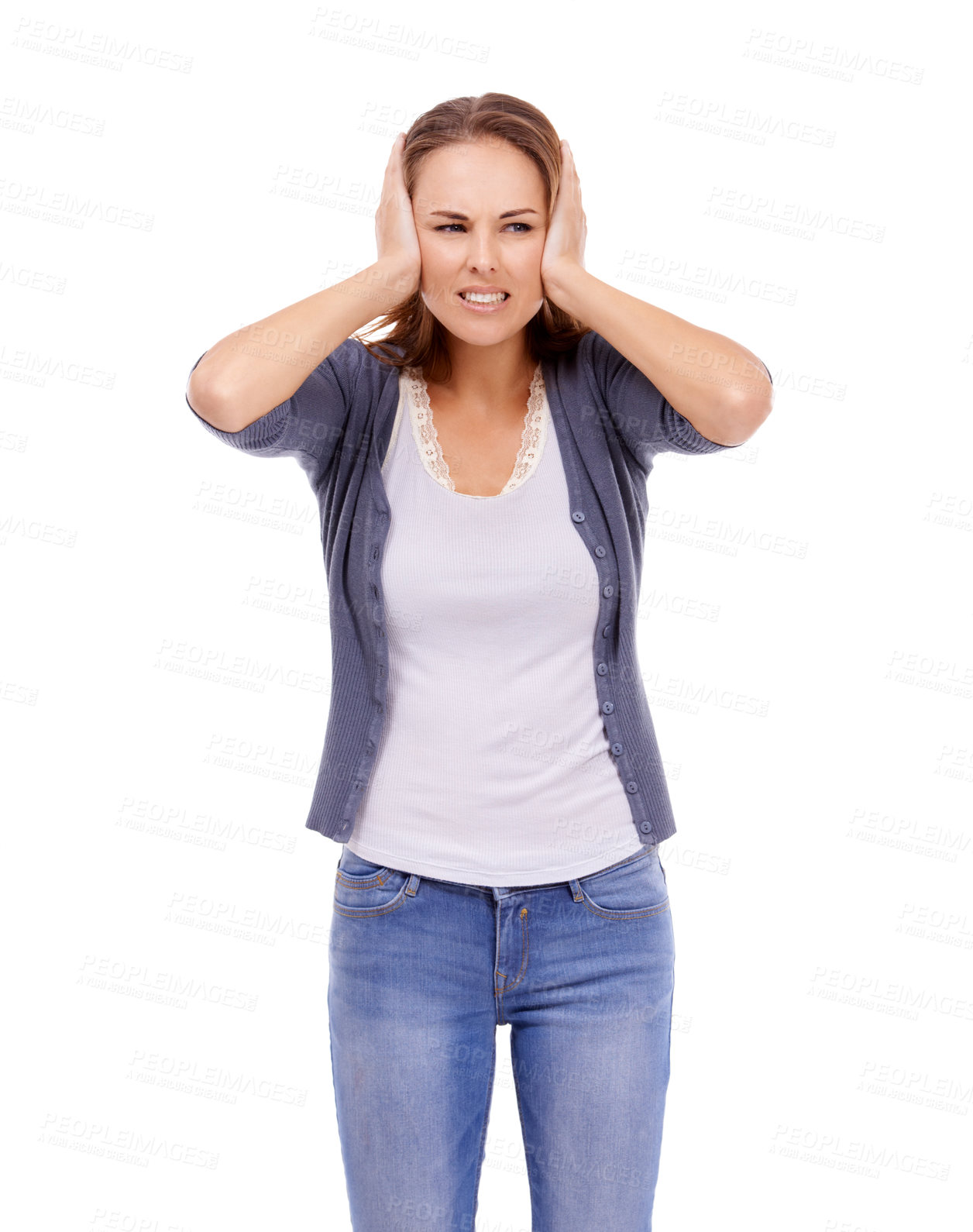 Buy stock photo Block ears, white background or woman with headache with anxiety, bad mistake or burnout. Stress, angry or dizzy person in studio frustrated by fatigue, migraine pain or brain fog in debt crisis