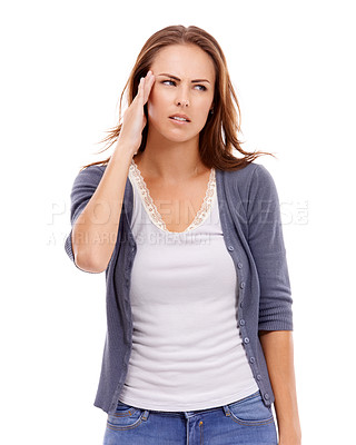 Buy stock photo Woman, headache and thinking in studio of stress, challenge of debt and risk of mental health on white background. Frustrated, confused and sad model with anxiety, brain fog and doubt wrong mistake 