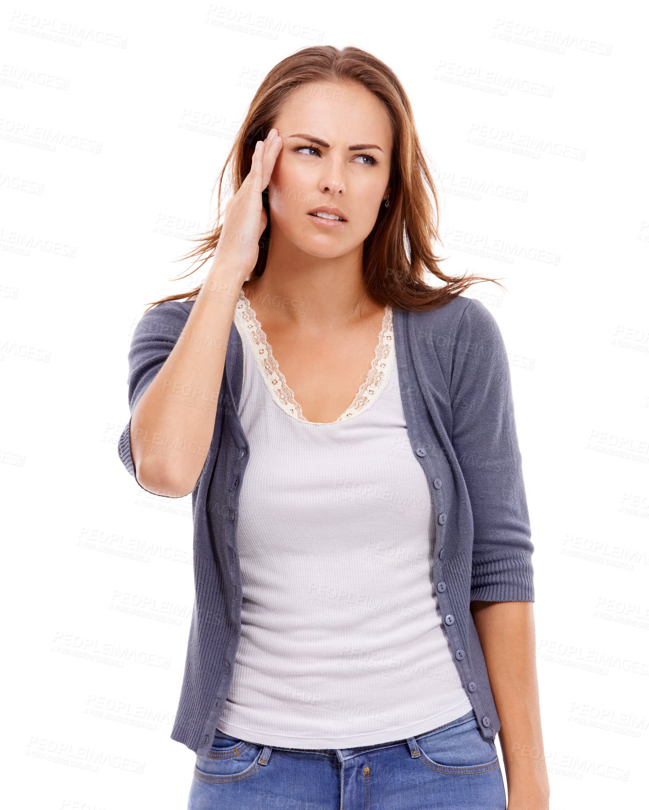 Buy stock photo Woman, headache and thinking in studio of stress, challenge of debt and risk of mental health on white background. Frustrated, confused and sad model with anxiety, brain fog and doubt wrong mistake 