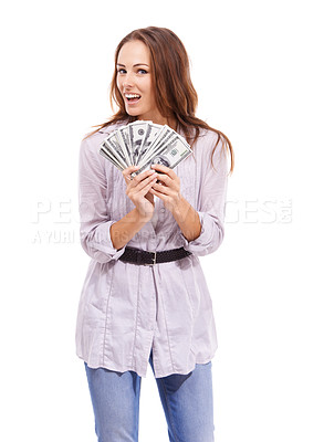 Buy stock photo Woman, portrait or money fan of dollar bills in studio for investment, financial freedom or lottery prize on white background. Happy winner, profit or income of bonus, cash notes or wealth of savings