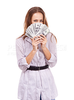 Buy stock photo Woman, portrait and money fan with dollars in studio for investment, financial freedom and lottery prize on white background. Rich winner cover face with bills for profit, income and bonus of savings