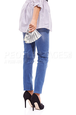 Buy stock photo Money laundering, hands or cash for bribery, financial investment scam or illegal banking crime. White background, stealing or isolated businesswoman with dollars, corruption or loan fraud in studio