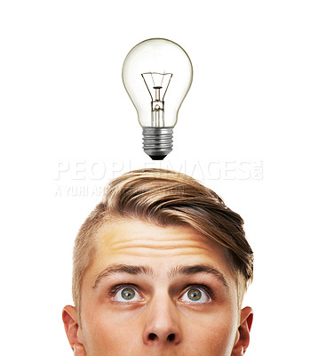 Buy stock photo Light bulb, wow or man in studio with ideas or vision of innovation isolated on white background. Inspiration, graphic or face of male person problem solving, brainstorming or thinking of solution