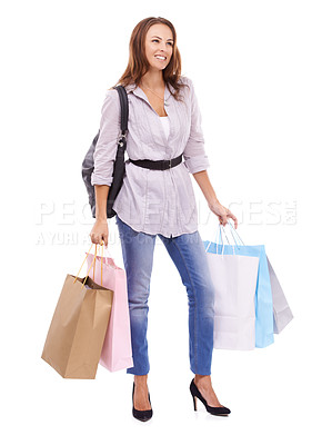 Buy stock photo Fashion, shopping bags and young woman in studio with elegant, trendy and stylish outfit for confidence. Happy, thinking and beautiful female customer with style purchase isolated by white background