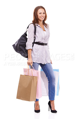 Buy stock photo Fashion, shopping bags and portrait of woman in a studio with elegant, trendy and stylish outfit for confidence. Happy, beautiful and young female customer with style purchase by white background.