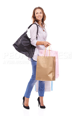 Buy stock photo Style, shopping bags and young woman in a studio with elegant, trendy and stylish outfit for confidence. Happy, beautiful and female customer with fashion purchase isolated by white background.