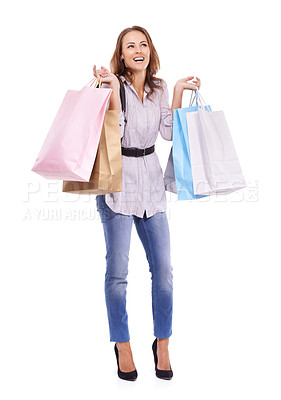 Buy stock photo Style, shopping bags and young woman in a studio with elegant, trendy and stylish outfit for confidence. Happy, beautiful and female customer with fashion purchase isolated by white background.