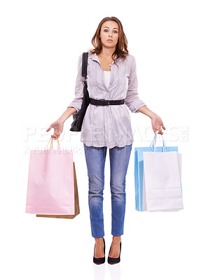 Buy stock photo Shopping bags, confused and portrait of woman in a studio with casual, trendy and stylish fashion outfit. Doubt, beautiful and young female person from Canada with style isolated by white background.