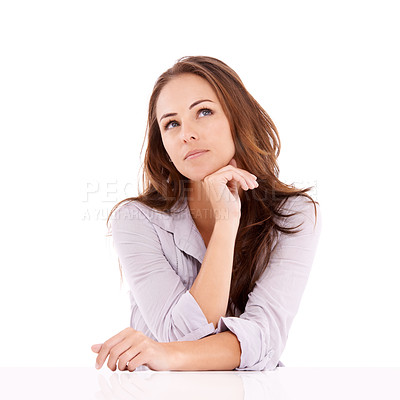 Buy stock photo Woman, face and thinking or question in studio with ideas, contemplating and dreaming with contemplation. Person, mock up space and thoughtful with relax, serious and wondering on white background