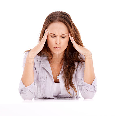 Buy stock photo Stress, white background or tired businesswoman with headache with anxiety, mistake or burnout. Loss, dizzy or overworked employee in studio frustrated by fatigue, migraine or anxiety in debt crisis