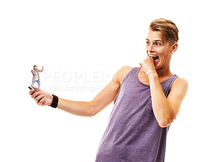 Buy stock photo Wow, man and a person from a phone on a white background for communication or social media. Happy, shock or a guy with graphic from a mobile on an app, internet or a website on a studio backdrop