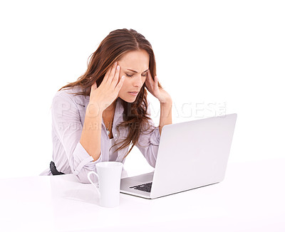 Buy stock photo Woman in studio with headache, laptop glitch and burnout, technology fail on white background. Stress, frustrated and mistake online with migraine, 404 on internet with business website crisis