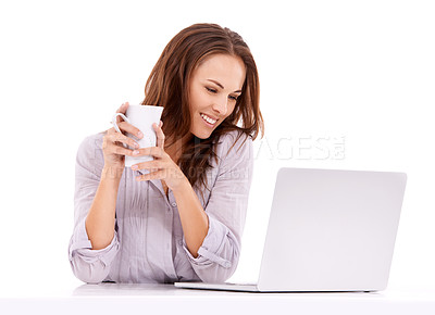 Buy stock photo Laptop, coffee or happy woman in studio for social media planning, blog or copywriting research. Freelancer, smile or female person editing online isolated on a white background on break to relax