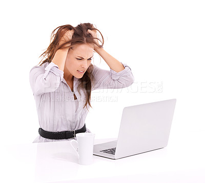 Buy stock photo Frustrated businesswoman with a laptop in front of her - isolated on white