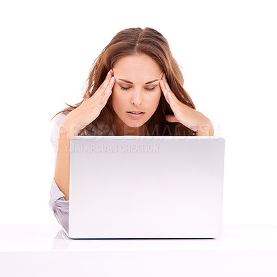 Buy stock photo Woman, headache and stress for laptop glitch, burnout and technology fail on white background. Pain, frustrated and mistake online with migraine, web 404 and overwhelmed with site crisis in studio