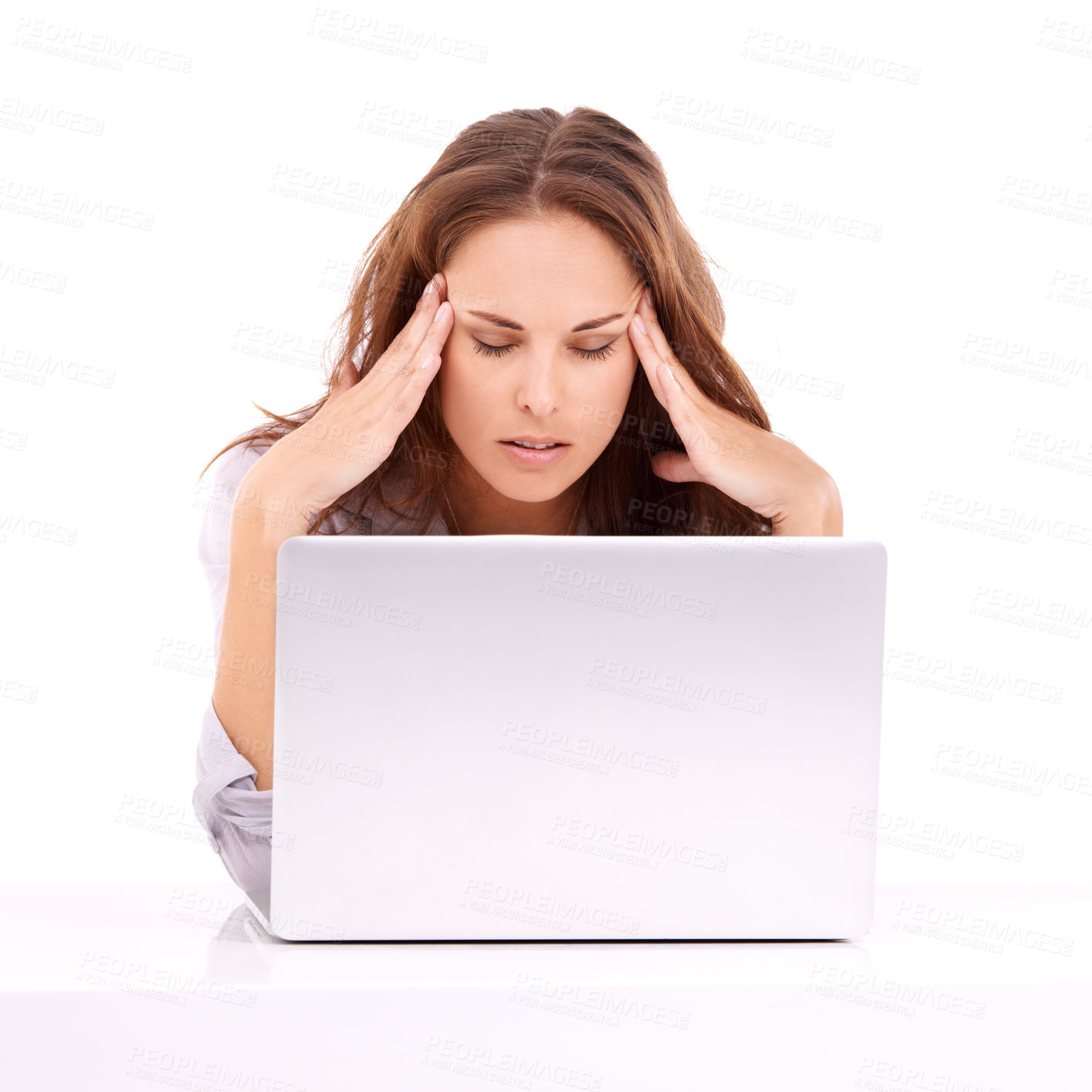 Buy stock photo Woman, headache and stress for laptop glitch, burnout and technology fail on white background. Pain, frustrated and mistake online with migraine, web 404 and overwhelmed with site crisis in studio