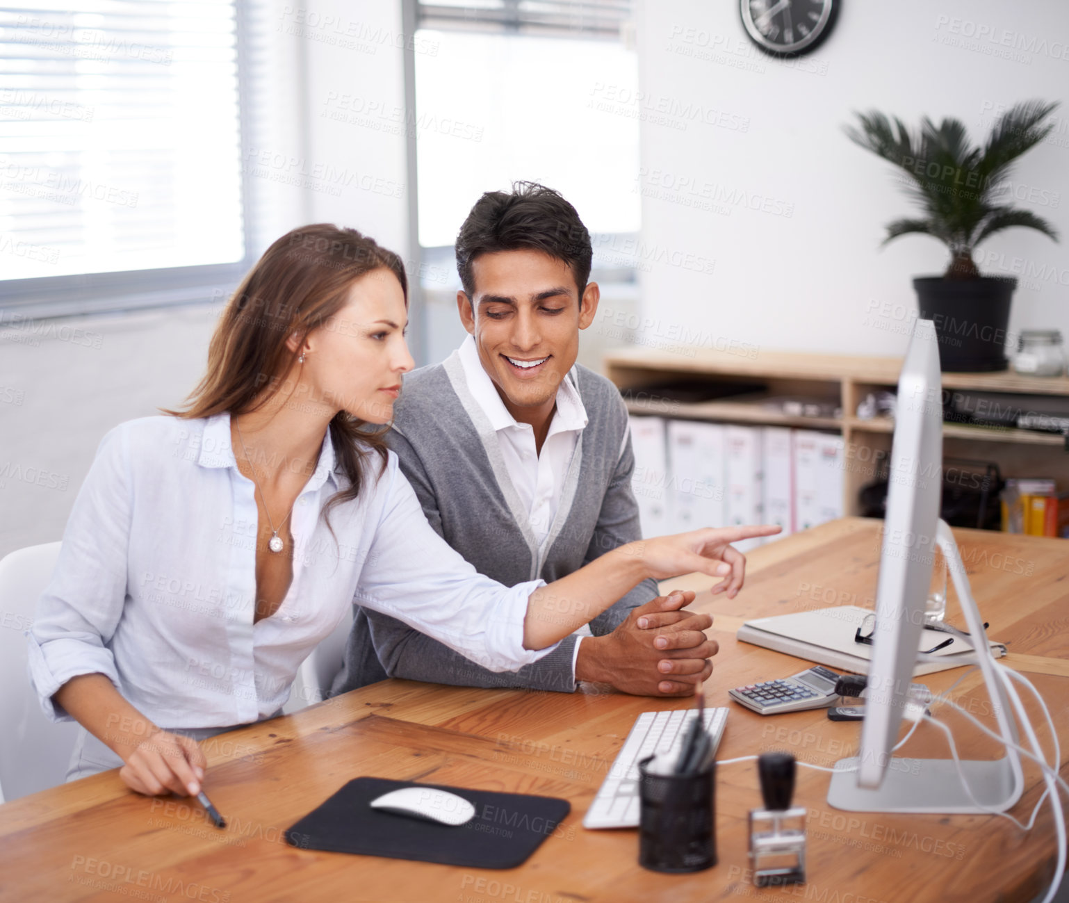 Buy stock photo Sexual harassment, businessman flirting or woman with cleavage in office working with coworker. Looking, abuse problem or female employee at desk with an unprofessional male colleague or pervert 