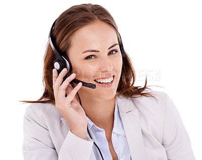 Buy stock photo Woman in portrait, callcenter and headset for phone call with communication, telecom and CRM on white background. Customer service, telemarketing and help desk agent in studio for tech support