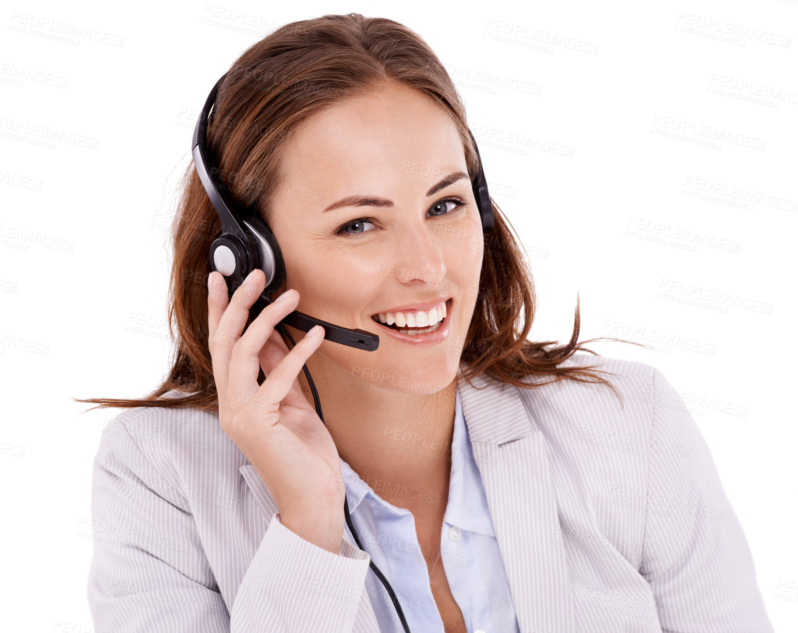 Buy stock photo Woman in portrait, callcenter and headset for phone call with communication, telecom and CRM on white background. Customer service, telemarketing and help desk agent in studio for tech support