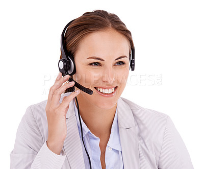 Buy stock photo Woman, callcenter and headset with microphone for phone call, communication and CRM on white background. Customer service, telemarketing and help desk agent in studio with contact us and tech support