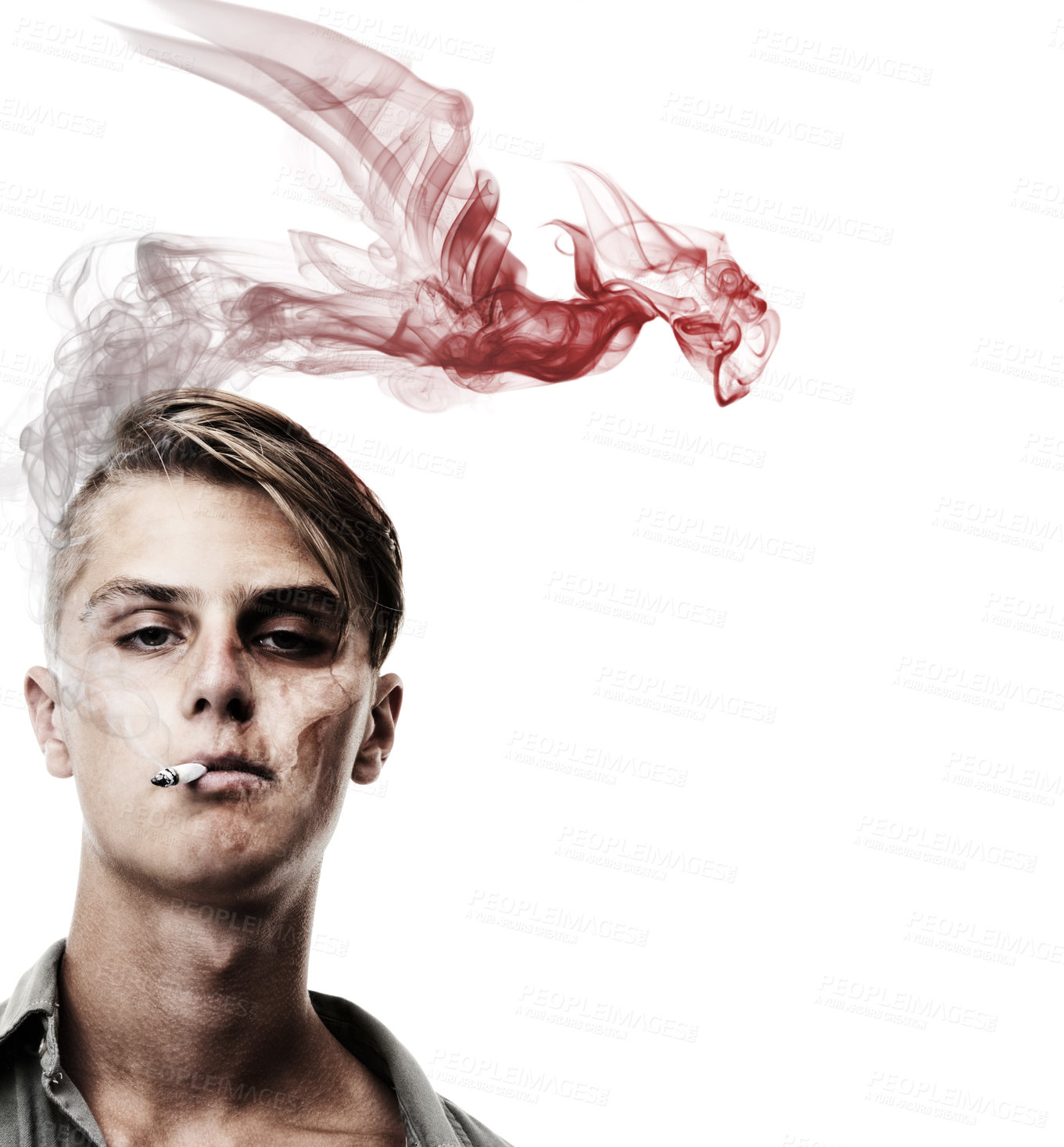 Buy stock photo Smoking graphic, portrait and a man on a white background to show cigarette danger. Bad, unhealthy and a guy or person with an illustration for the effect, addiction or habit of tobacco on health