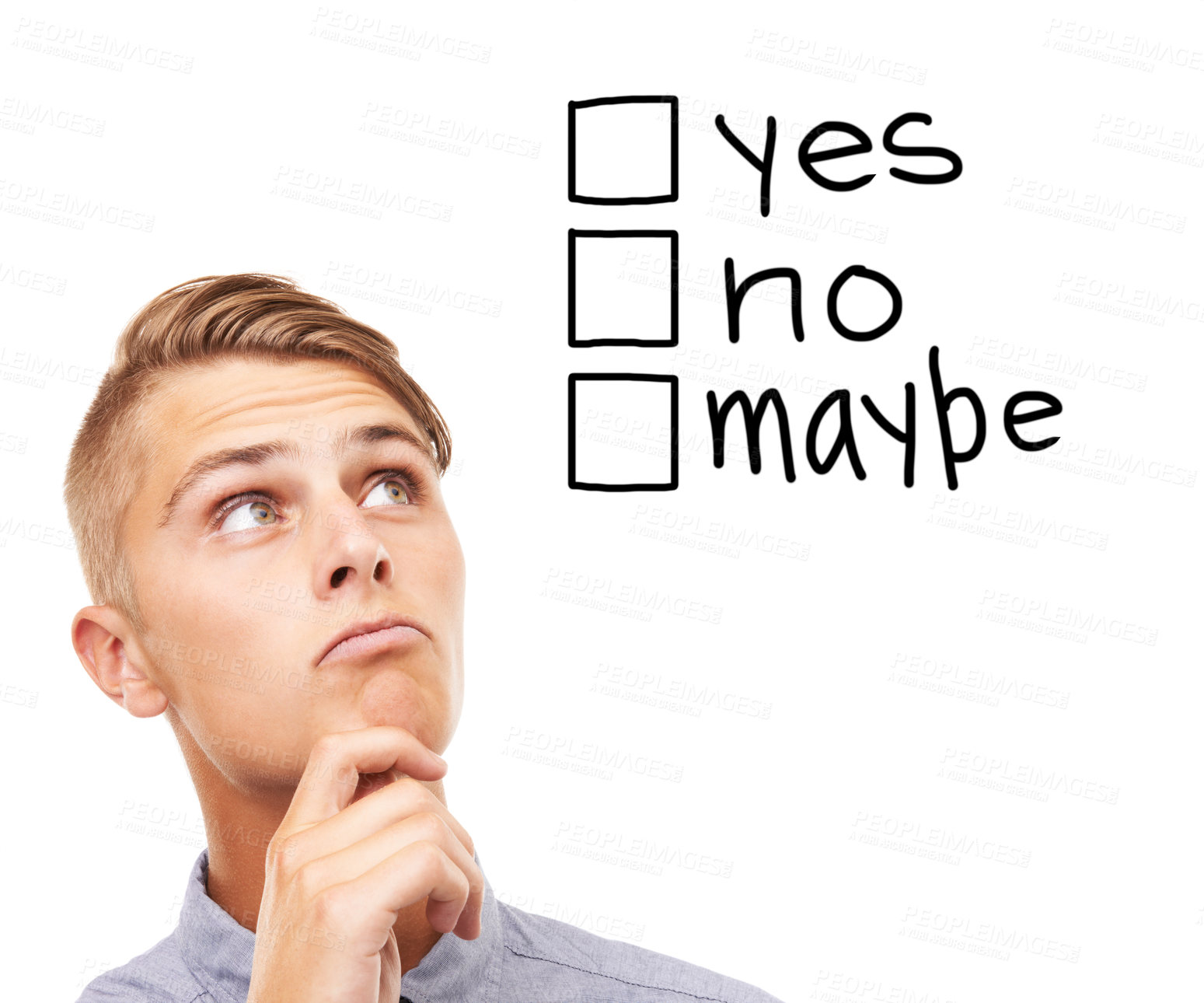 Buy stock photo Man, face and thinking in decision for yes, no or maybe isolated against a white studio background. Young male person in wonder, thought or idea for selection choice or checkbox icons on mockup space