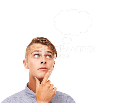 Buy stock photo Question, doubt and thinking with man, inspiration and problem solving isolated on a white studio background. Person, guy and model with choice, brainstorming or opportunity with planning or decision