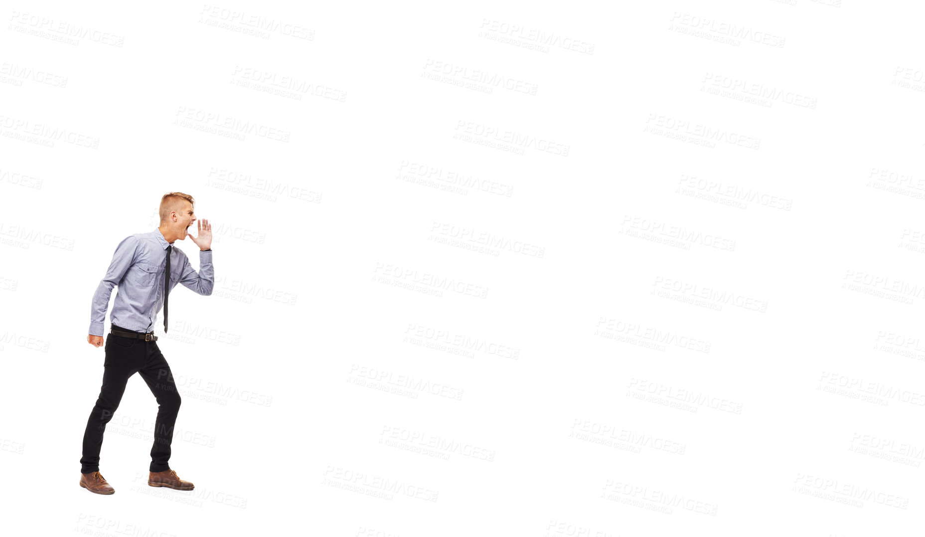 Buy stock photo Shouting, man and banner with business announcement, communication or mockup space. Professional, businessman or scream advice with voice in studio, white background or news bulletin for company