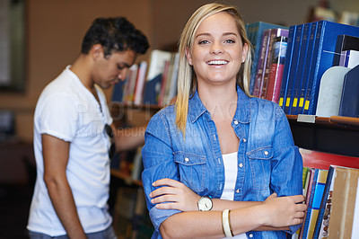 Buy stock photo College, arms crossed or portrait of happy woman in a library for knowledge or school for future. Scholarship, education or female student with smile, joy or pride for studying or learning in campus