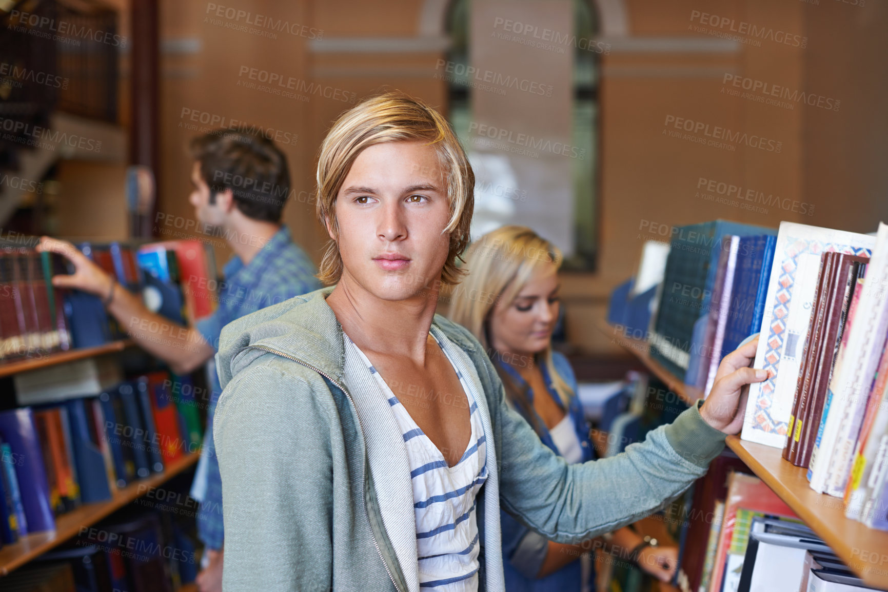 Buy stock photo Thinking, book or student in library to search at university, college or school campus for future education. Bookshelf, learning or person with scholarship studying knowledge, research or information