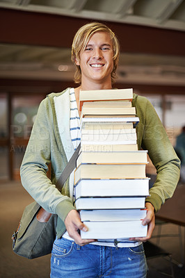 Buy stock photo Pile, books or portrait of happy man in a library for knowledge or development for future growth. Scholarship, education or male student with smile or pride for studying or learning in college campus