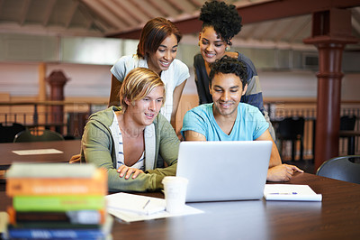 Buy stock photo Teamwork, laptop or happy people studying in university, college or school campus for education. Library, elearning or group of students with scholarship, reading news, research or online course 