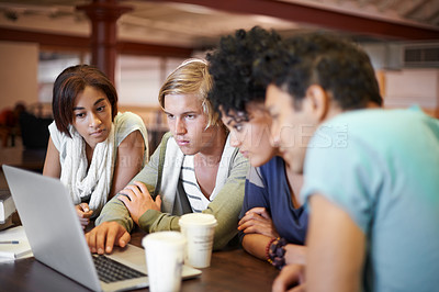 Buy stock photo Teamwork, laptop or students studying in school, university library or college campus for education. Diversity, elearning or group of people with scholarship, reading news, research or online course