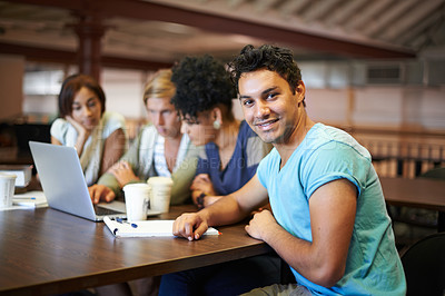 Buy stock photo Happy man, laptop or portrait of students studying for school, university library or college campus education. Diversity, elearning or group of people with notes, teamwork or online course research