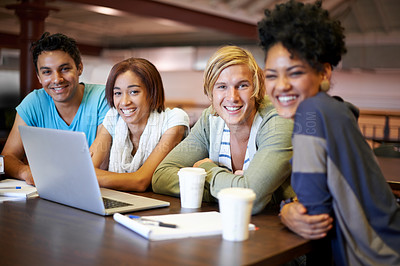 Buy stock photo Diversity, laptop or portrait of happy people studying for school, university project or college education. Smile, elearning or group of students with teamwork or online course research for knowledge