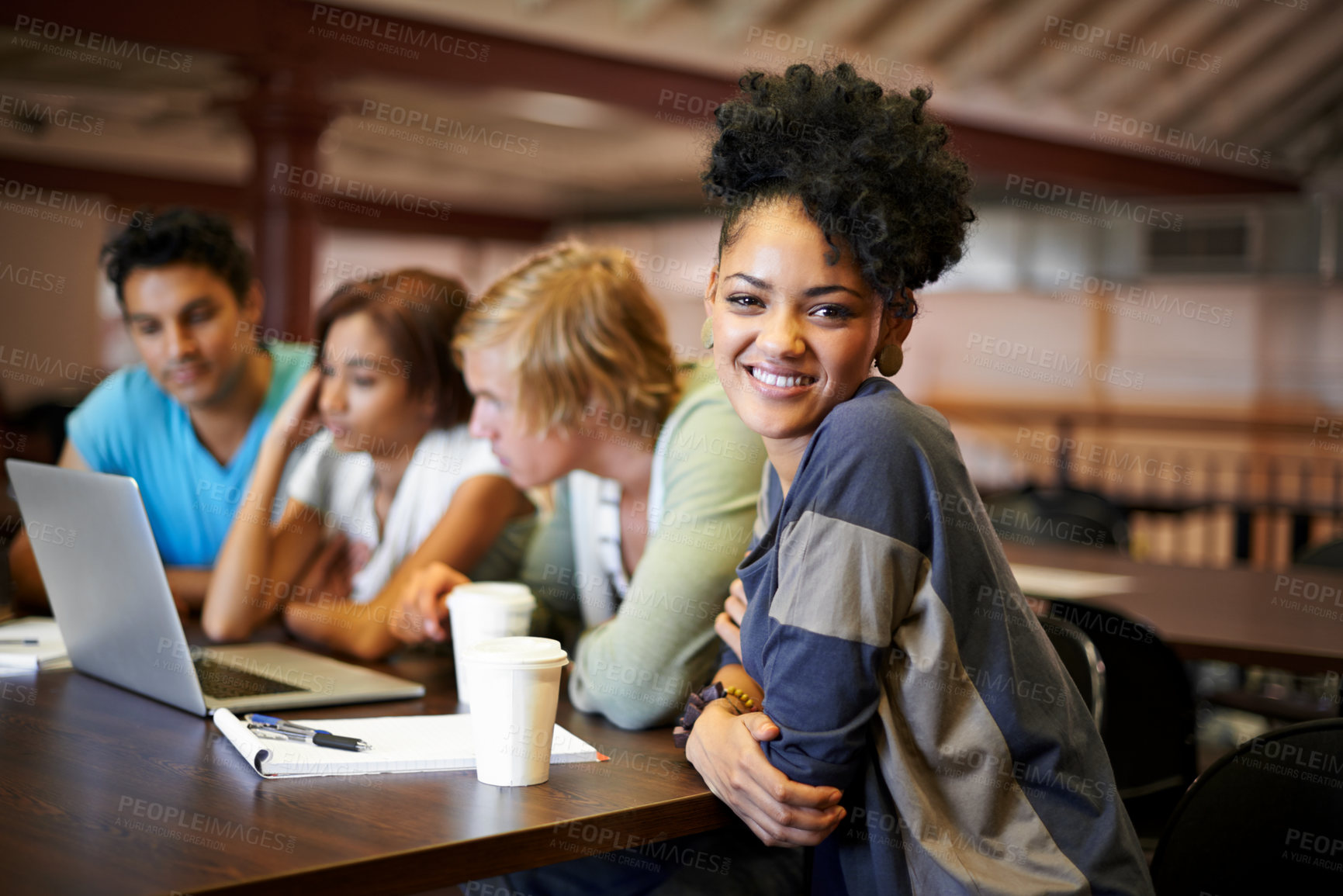 Buy stock photo Group, laptop or portrait of happy woman studying for school, university project or college education. Students, elearning or people with teamwork or online course research for library knowledge