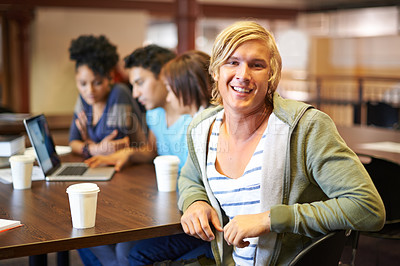 Buy stock photo Happy man, study group or portrait of students in school, university library or college campus for education. Together, elearning or blur of people with smile, teamwork or online course research
