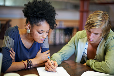 Buy stock photo Teamwork, education or students writing in notes studying for exam or learning in classroom. University, diversity or people in school library for knowledge, academic course or research in college